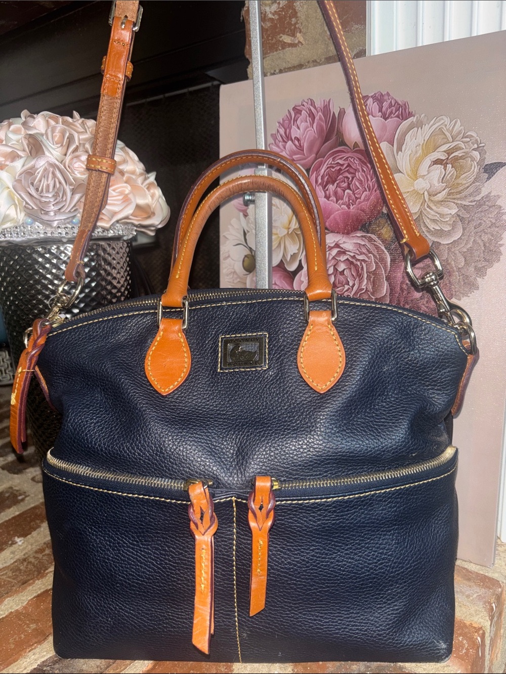Dooney & Bourke Navy Pebbled Leather Satchel with Tan Trim